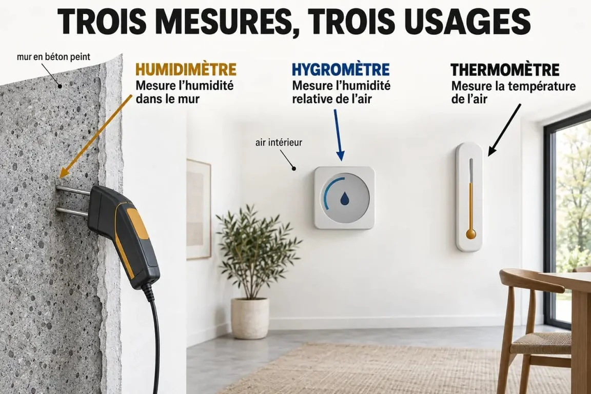 Schéma du testeur humidité mur et des différences entre humidimètre, hygromètre et thermomètre