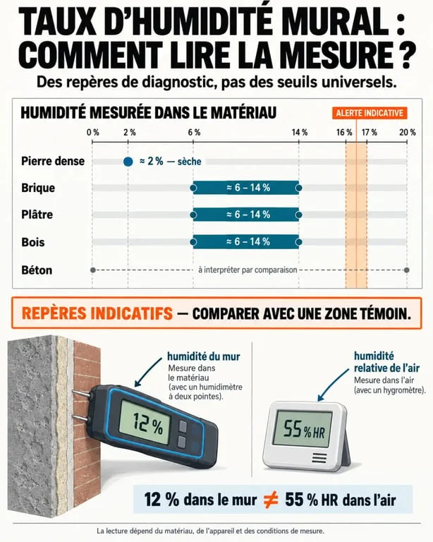 Infographie sur le taux d’humidité mur acceptable selon le matériau et le seuil d’alerte