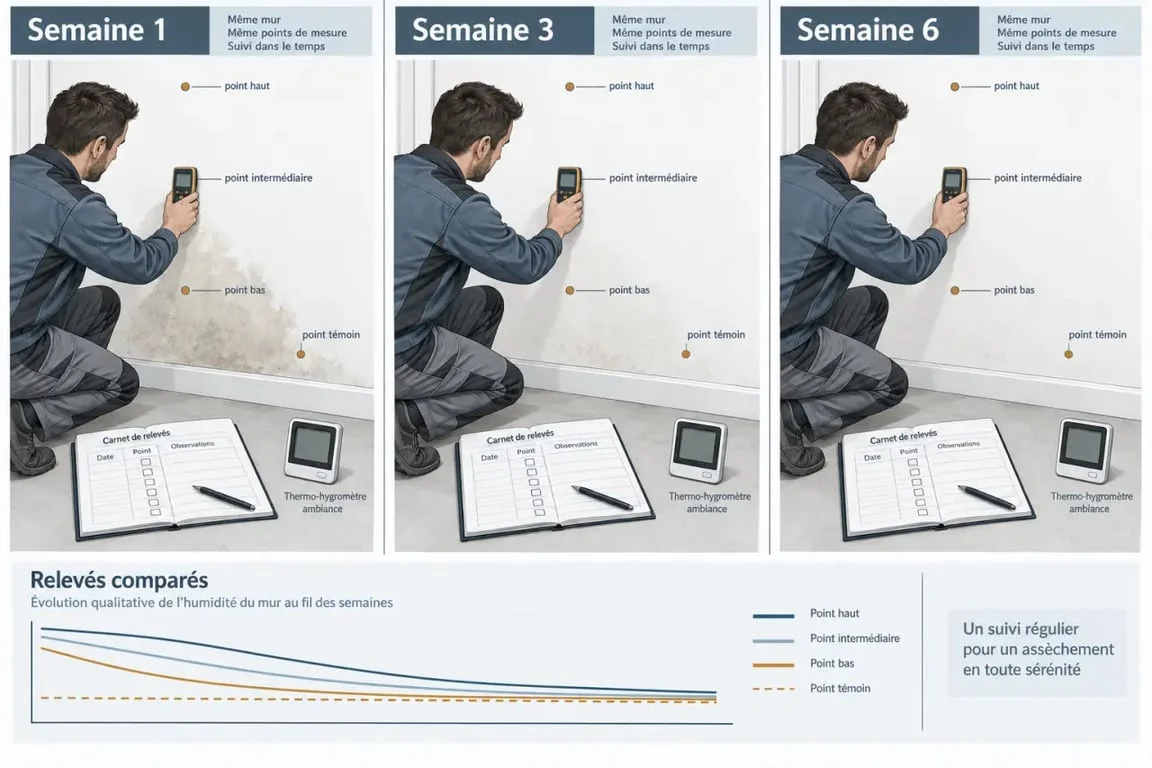 Suivre le séchage d’un mur après dégât des eaux avec un humidimètre et des relevés réguliers