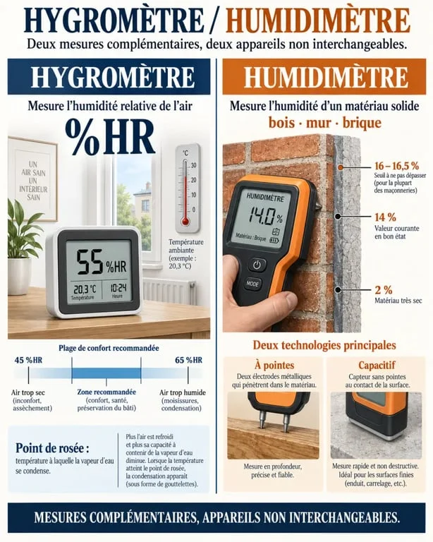 Infographie hygromètre ou humidimètre : différence entre mesure de l’air et mesure des matériaux