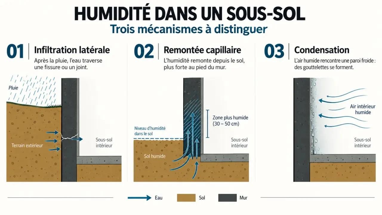 Schéma des causes de l'humidité sous-sol : infiltration, remontée capillaire et condensation