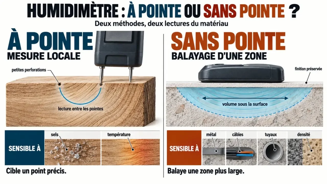 Infographie humidimètre à pointe ou sans pointe : fonctionnement, profondeur et limites