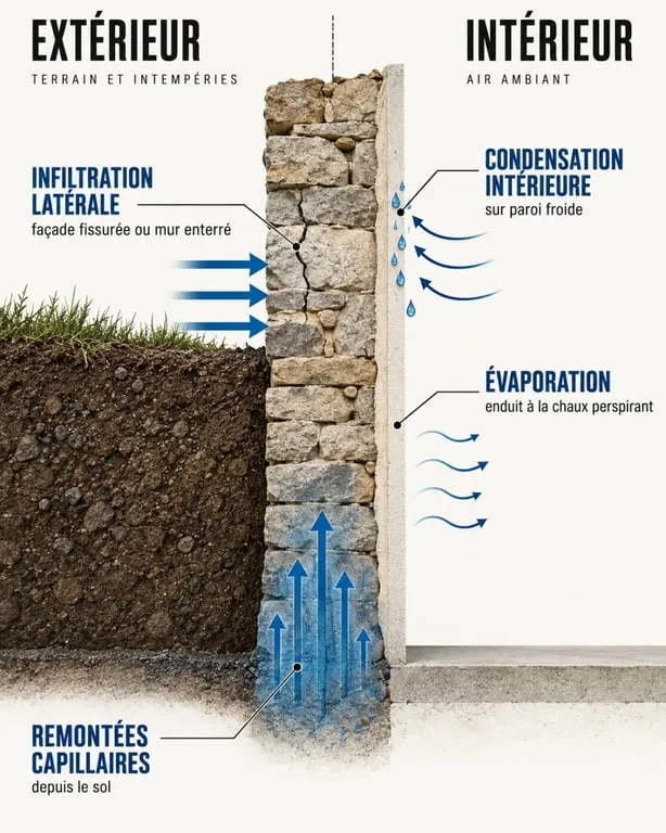 Schéma des causes d’humidité dans mur pierre : remontées capillaires, infiltration, condensation et enduit à la chaux