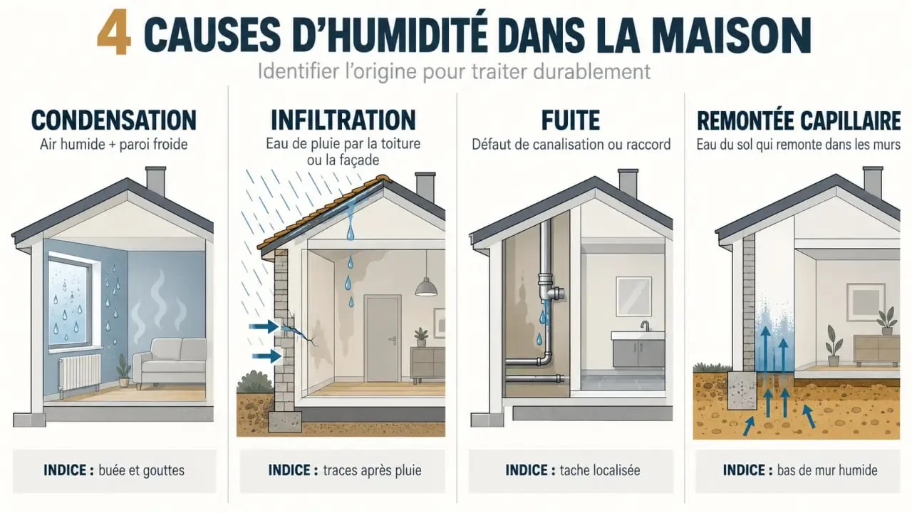 Diagnostic humidité maison : schéma des différences entre condensation, infiltration, fuite et remontée capillaire