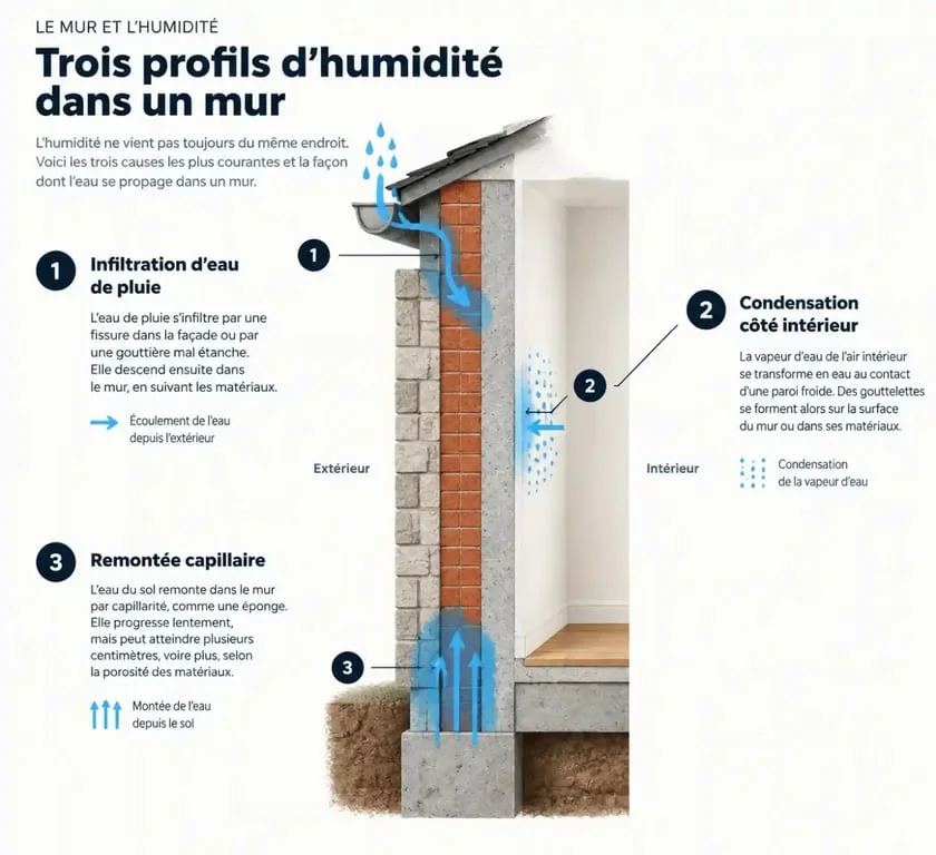 Schéma des causes d'infiltration d'eau de pluie dans les murs, de condensation et de remontée capillaire