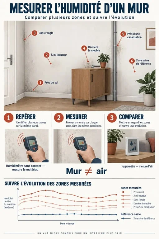 Illustration montrant comment mesurer l’humidité d’un mur avec plusieurs points de relevé